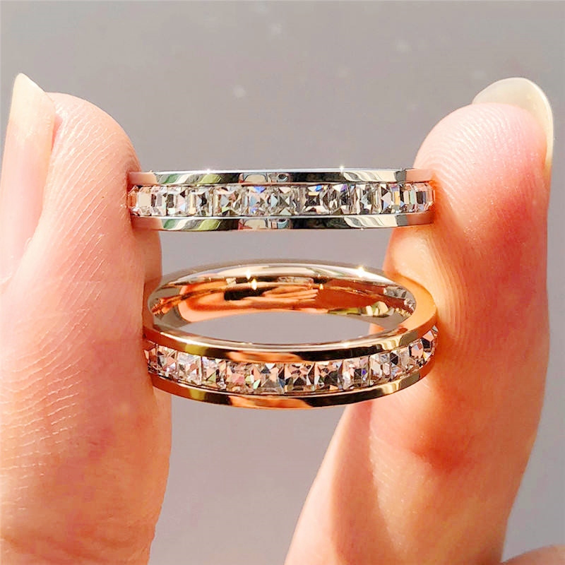 Stainless Steel Triple Row CZ Ring for Engagement & Wedding